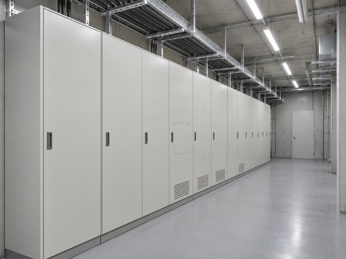 無地の配電盤が並ぶ建物内の電気室（イメージ）